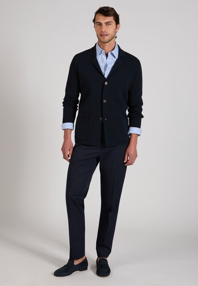 Uomo che indossa una giacca blu navy, camicia azzurra a righe con maniche rimbalzate, pantaloni blu navy e mocassini scuri, in piedi davanti a uno sfondo neutro.