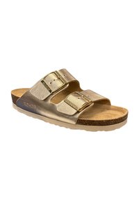 Gold leather slide sandal with two adjustable buckles, cork footbed, and a light-colored EVA sole, featuring a subtle embossed logo.