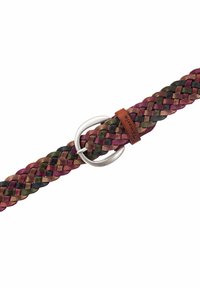 Woven skórzany pasek w odcieniach burgunda, zieleni i złota z okrągłą srebrną klamrą i brązową skórzaną etykietą.