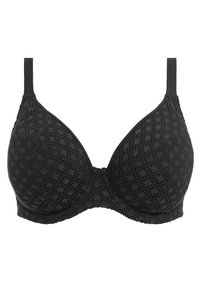Soutien-gorge noir avec un design texturé à motif géométrique. Coupes lisses, bretelles ajustables et un fermoir à crochet dans le dos.