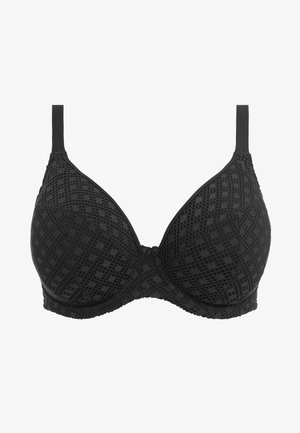 Soutien-gorge noir avec un design texturé à motif géométrique. Coupes lisses, bretelles ajustables et un fermoir à crochet dans le dos.