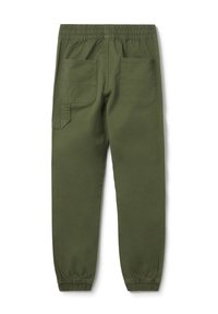 Pantalons cargo verts avec taille élastique, bas de jambes resserrés, deux poches arrière et une poche sur la jambe gauche. Tissu en coton lisse.