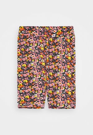 Legginsy dziewczęce do kolan z drobnym, wielokolorowym nadrukiem kwiatowym w kolorach różowym, pomarańczowym, żółtym, białym i czarnym na ciemnym tle.