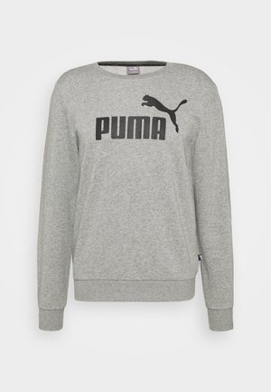 Sweat-shirt gris en mélange de coton, avec un logo "PUMA" noir et un graphisme de puma en saut. Poignets et ourlet côtelés pour plus de texture.