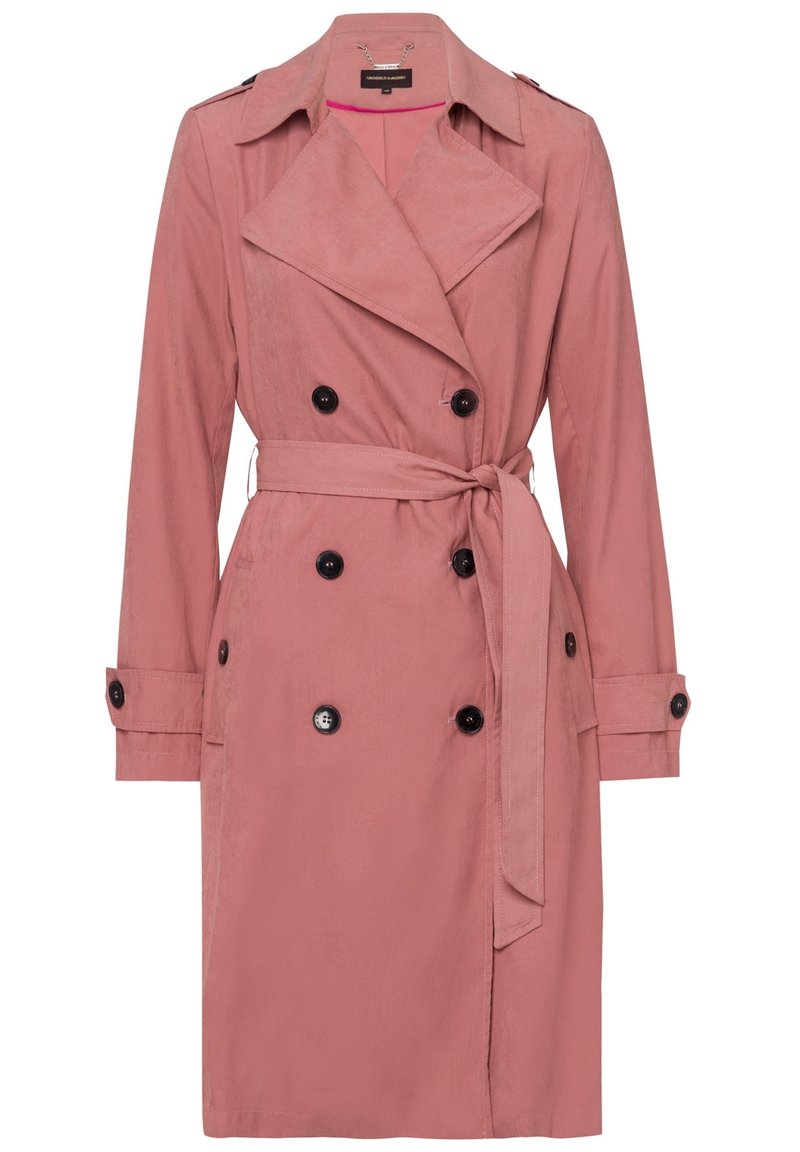 Støvet rosa dobbeltstående trenchcoat med sorte knapper, brede revers, taljebælte og knapmanchetter, vist på en hvid baggrund.