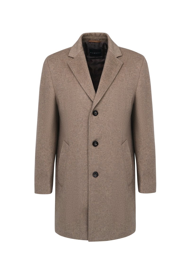 Cappotto di lana marrone con colletto a revers, tre bottoni e due tasche laterali. Presenta un tessuto testurizzato e una fodera nera.
