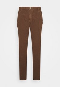 Pantalons en coton marron à coupe ajustée, avec deux poches latérales zippées et une fermeture à bouton à l'avant. Tissu texturé et taille standard.