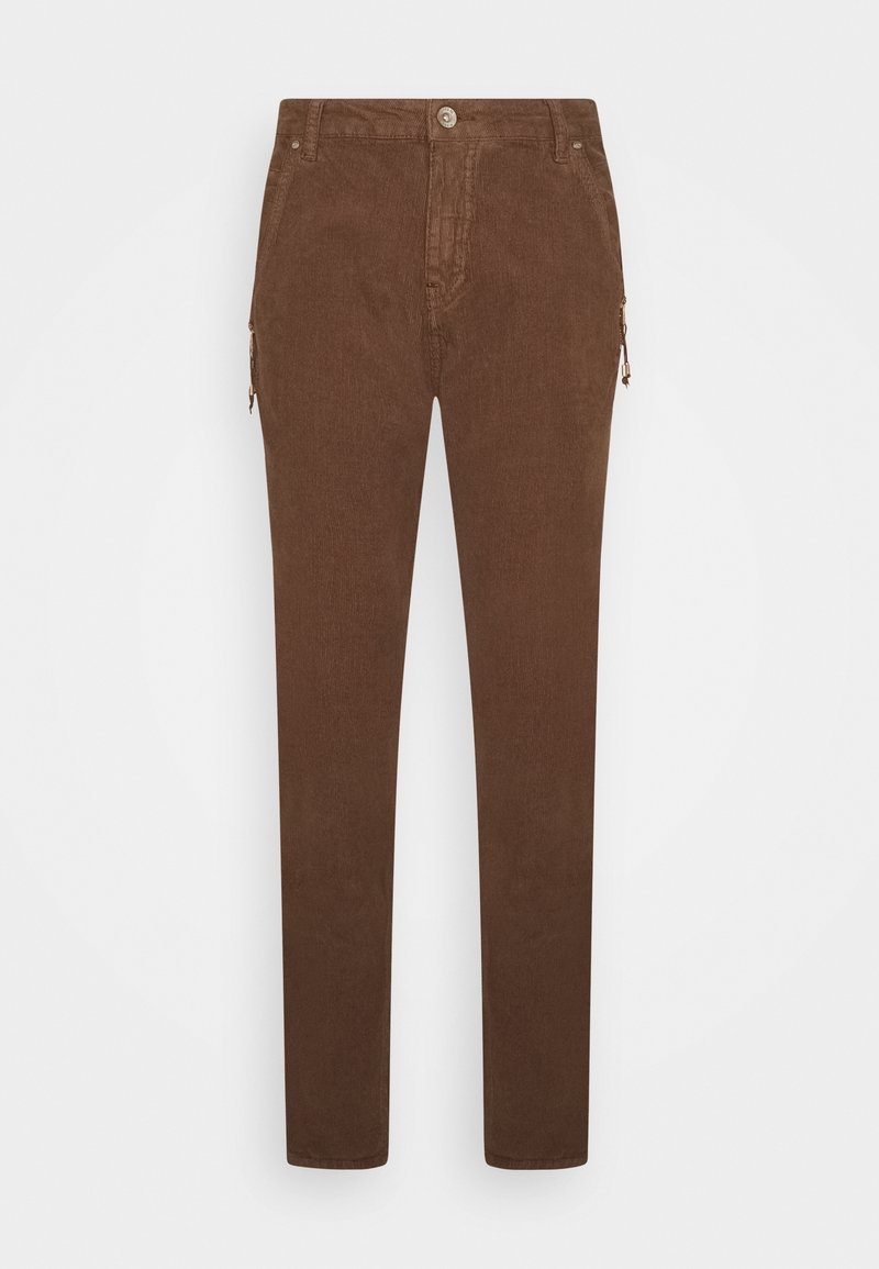 Pantalons en coton marron à coupe ajustée, avec deux poches latérales zippées et une fermeture à bouton à l'avant. Tissu texturé et taille standard.