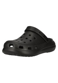Sabot noir à enfiler avec des trous de ventilation et une bride de talon ajustable, conçu pour une utilisation décontractée ou en extérieur.