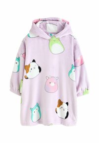 Lila fleece hoodie med mönster av tecknade djur, inklusive en ko, gris och uggla. Designen har en huva med snoddar och elastiska muddar.