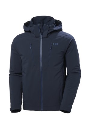 Marineblauwe weersbestendige jas met capuchon, voorzien van twee met rits afsluitbare zakken, een volledige rits aan de voorkant en een subtiele logodetail op de borst.