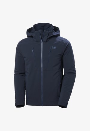 Giacca impermeabile blu navy con cappuccio, dotata di due tasche con zip, zip frontale completa e dettagli del logo discreti sul petto.