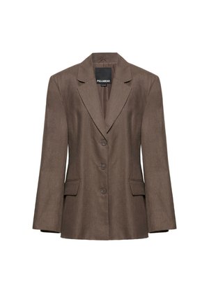 Brown three-button blazer with notch lapels and two flap pockets, displayed on a white background.