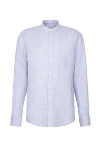 Chemise homme bleu clair à manches longues avec fines rayures verticales, col mao, boutonnière sur le devant, poche poitrine et poignets boutonnés.
