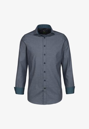 Camicia a maniche lunghe da uomo in tessuto blu navy con motivo a pois, caratterizzata da un polsino teal a contrasto e un colletto standard con chiusura a bottoni.