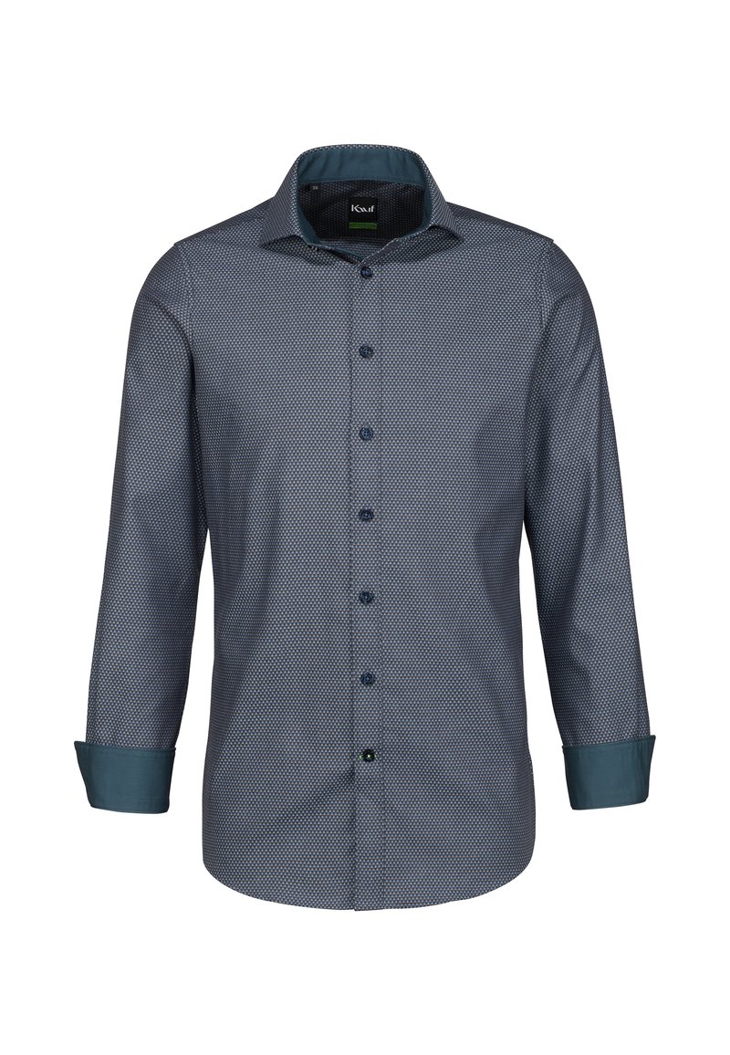 Camicia a maniche lunghe da uomo in tessuto blu navy con motivo a pois, caratterizzata da un polsino teal a contrasto e un colletto standard con chiusura a bottoni.