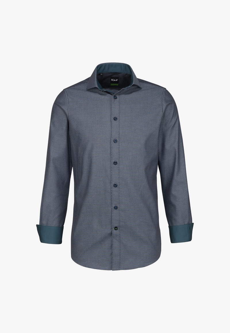 Camicia a maniche lunghe da uomo in tessuto blu navy con motivo a pois, caratterizzata da un polsino teal a contrasto e un colletto standard con chiusura a bottoni.