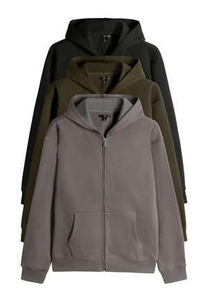 Hoodies in Grau, Olivgrün und Schwarz; aus weichem Stoff mit Reißverschluss und Fronttaschen, die eine lockere Passform bieten.