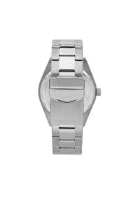 Silver stainless steel watch with hexagonal case and band. Smooth texture, a fold-over clasp, and brand logo engraved on the back.