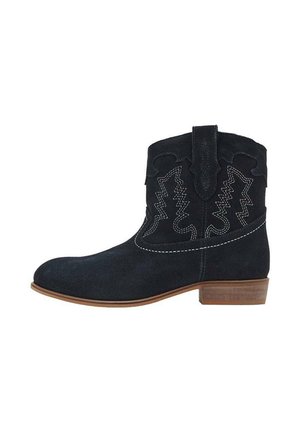 Stivaletti neri in suede con punta affusolata, cuciture decorative bianche e tacco corto impilato. Motivi intricati in stile western sui lati.