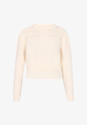 Suéter corto de color crema hecho de material suave, con dobladillo acanalado, mangas largas y detalles de perlas en los hombros.