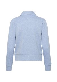 Hellblaues Sweatshirt mit Kragen, langen Ärmeln sowie gerippten Bündchen und Saum. Weiche Textur mit einem dezenten, melierten Muster.