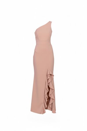 Robe de soirée rose poudré une épaule, taille cintrée et fente à volant sur le côté avant droit.