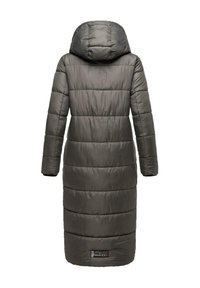 Long, hooded puffer coat in dark gray, featuring a quilted design, ribbed cuffs, and a branded label at the bottom. Smooth, shiny fabric.