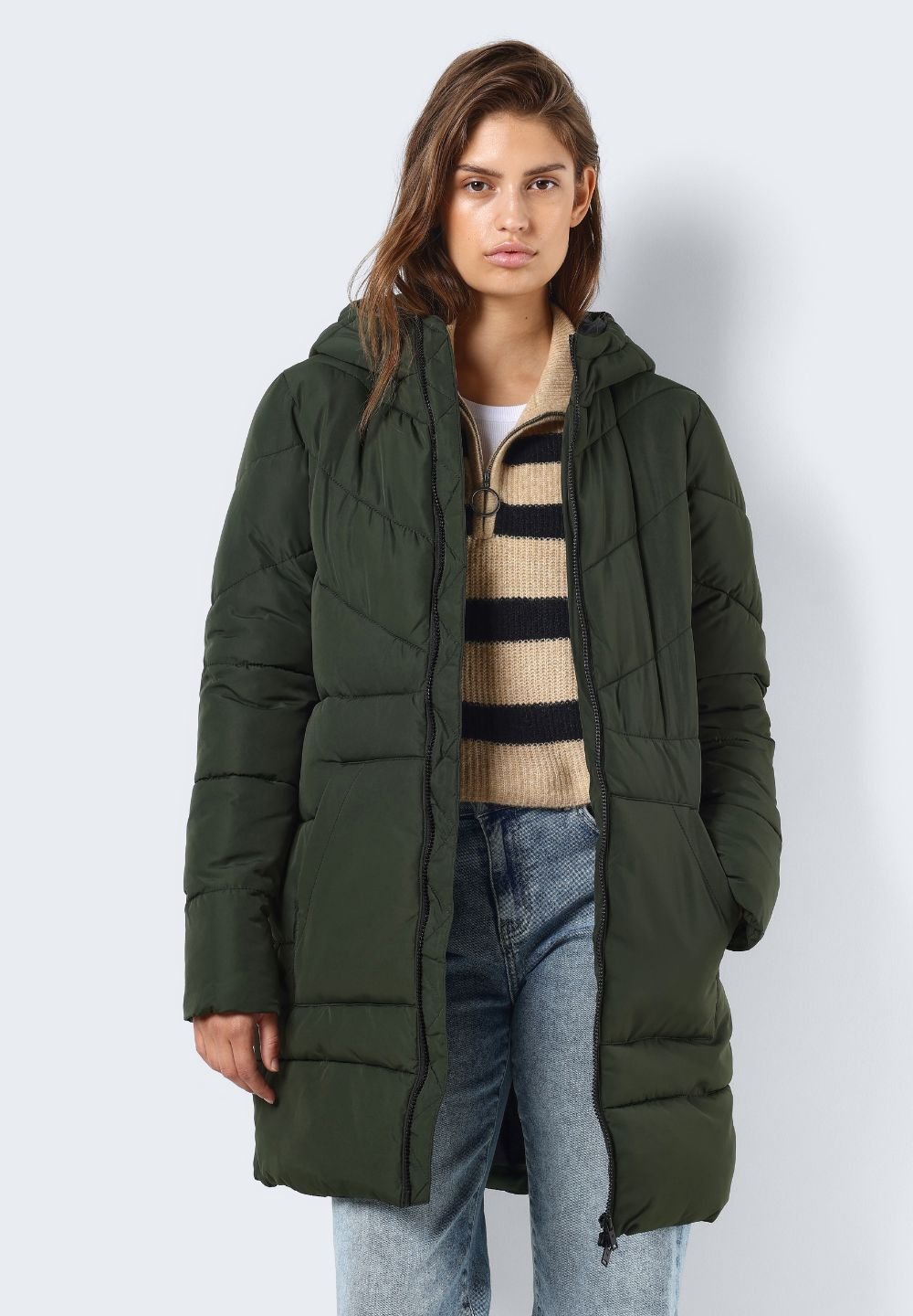 Noisy May NMSKY L/S LONG COATED JACKET, Giacca Invernale Lunga Per Donna, Colore Verde, Vestibilità Normale, Stile Streetwear