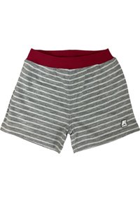 Pantaloni corti grigio a righe con una cintura elastica rossa. Il tessuto è morbido, con strisce orizzontali bianche e un piccolo logo in basso a destra.