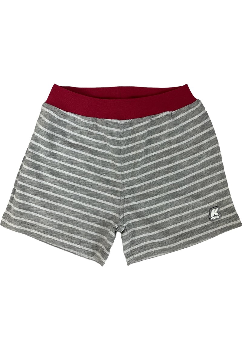 Pantaloni corti grigio a righe con una cintura elastica rossa. Il tessuto è morbido, con strisce orizzontali bianche e un piccolo logo in basso a destra.