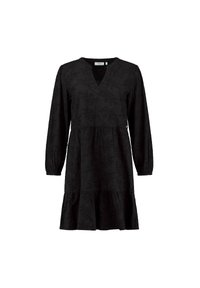Rochie neagră până la genunchi, cu mâneci lungi, decolteu în formă de V și un model texturat cu frunze. Are o bază în straturi și manșete cu falduri.