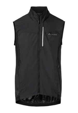 Gilet sans manches noir en matériau léger, avec un col montant, une fermeture éclair frontale, deux poches latérales et des accents réfléchissants.