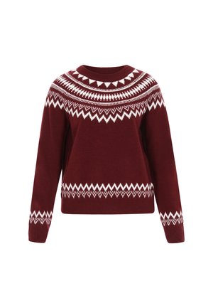 Pulover tricotat burgundy cu un design circular la gât, însoțit de modele geometrice albe. Mânici lungi și manșete și tiv ribat.