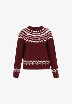 Suéter de punto burdeos con un diseño de yugo circular y patrones geométricos blancos. Mangas largas y puños y dobladillo acanalados.