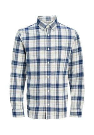Chemise à carreaux bleue et blanche en tissu doux, dotée d'un col boutonné, de boutons à l'avant et de manches longues avec poignets boutonnés.