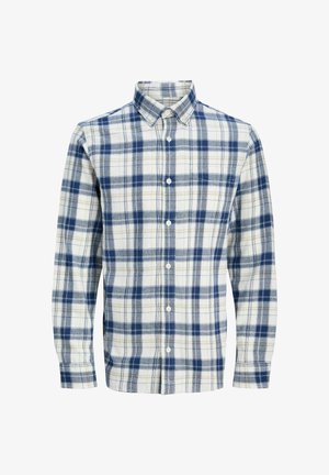 Chemise à carreaux bleue et blanche en tissu doux, dotée d'un col boutonné, de boutons à l'avant et de manches longues avec poignets boutonnés.