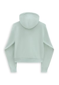 Sudadera ligera verde menta con un bolsillo tipo canguro en la parte frontal. Presenta una textura suave, mangas largas y una capucha redonda con cordones.