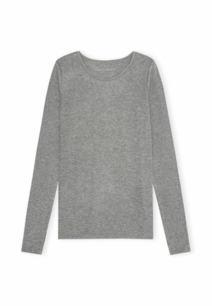 Grey long-sleeve top with a round neckline and straight cut. Made from soft, stretchy fabric with a smooth texture. Minimal design.