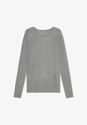 Grey long-sleeve top with a round neckline and straight cut. Made from soft, stretchy fabric with a smooth texture. Minimal design.