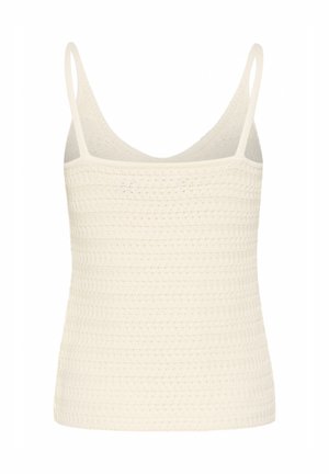 Top de ganchillo en color crema, con una textura de punto cerrado, tirantes delgados y un escote recto. Diseño simple y ajustado.