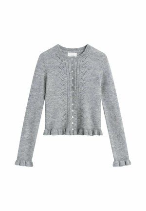 Grå stickad kofta med långa ärmar, volangkant och knäppning med knappar. Har ett subtilt zickzackmönster på framsidan.