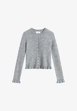 Grå stickad kofta med långa ärmar, volangkant och knäppning med knappar. Har ett subtilt zickzackmönster på framsidan.