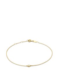 Gold chain bracelet featuring a small circular charm with a clear stone at the center. The chain has a delicate design and a clasp closure.