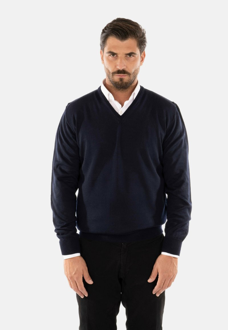 Maglione a V blu navy in morbido filato con maniche lunghe, abbinato a una camicia bianca con colletto visibile ai polsini.