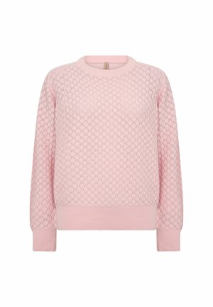 Roze trui met een gestructureerd diamantpatroon. Heeft een ronde hals en geribbelde boorden aan de mouwen en zoom. Zachte stofafwerking.