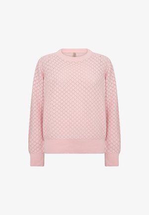 Roosa kampsun tekstuurse teemantmustriga. Omab ümarat kaelust ning soonikuga mansette varrukatel ja allääres. Pehme kangapind.