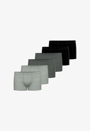 Sei paia di boxer in diverse tonalità di grigio e nero. Il tessuto ha una consistenza liscia, con cinturini elasticizzati e senza motivi visibili.