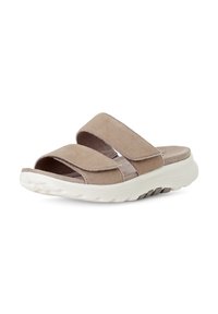 Light brown suede sandals with two wide straps, soft footbed, and a thick white rubber sole featuring textured treads.