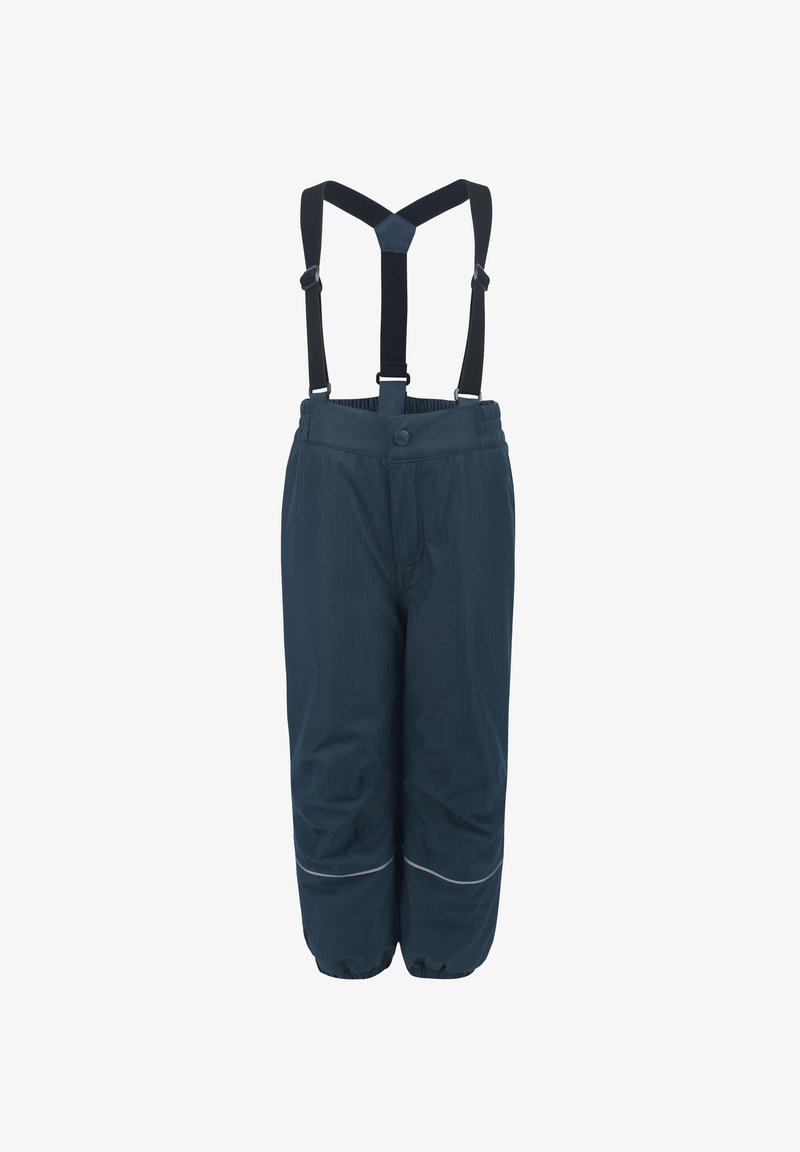 Pantalon imperméable enfant bleu foncé avec poignets élastiques, bouton et bretelles noires réglables, et bande réfléchissante aux genoux.